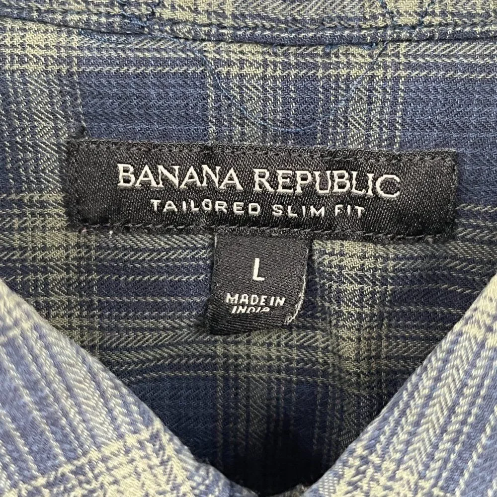 Banana Republic Shirt Mens Large Western Pearl Snap Navy Blue Green